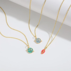 Retro star planet pendants on gold chains featuring enamel finish and zircon accents