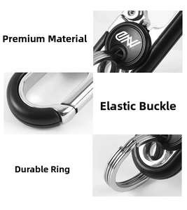 Detail of silver alloy car keychain with elastic buckle and reinforced key ring