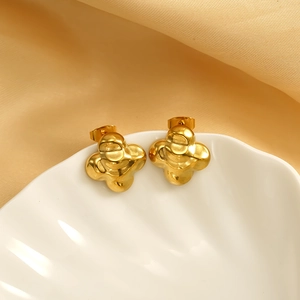 Puffy Clover Flower Stud Earrings 18K Gold Plated Stainless Steel Vintage Style Geometric Jewelry For Women