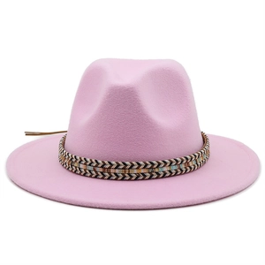 Pink wool fedora hat with ethnic style woven band and flat brim for men and women