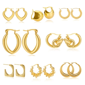 Gold Plated Stainless Steel Hoop Earrings For Women Hollow Geometric C-Shape Chunky Hammered Textured Trendy Jewelry