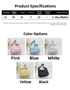 Size chart for quilted nylon tote bag showing dimensions and five available color options