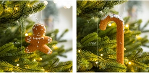 Close-up of gingerbread man and candy cane ornaments for Christmas tree decor