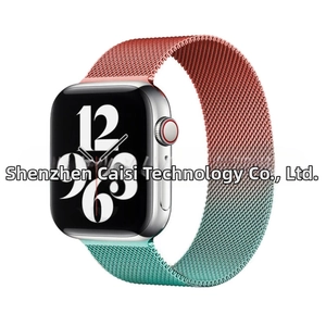 Detail of red and green gradient Milanese loop metal strap for smartwatches