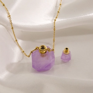 Luxurious purple crystal perfume bottle necklace with 14K gold plated chain and stopper