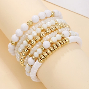 Detail of 7-piece layered acrylic crystal bead bracelet set in white and gold on a display stand