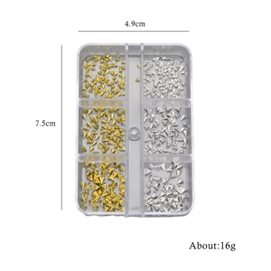 6-grid box of gold and silver cone nail art studs and punk style metal rivets for DIY
