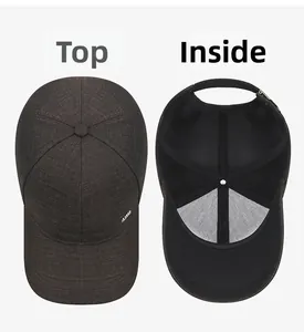 Brown baseball cap details showing top view stitching and breathable mesh inner lining