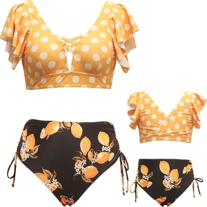 Mommy and Me polka dot ruffle bikini set with high waist lemon print swim bottoms