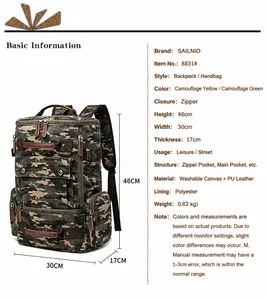 Detailed dimension guide for large canvas backpack with dimensions 46x30x17cm