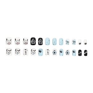 Cute blue puppy and floral hand-painted press-on nail set with 24 pieces for women