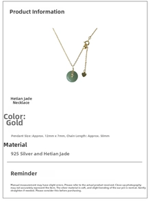 Detail of green Hetian jade pendant on 18K gold plated stainless steel necklace chain
