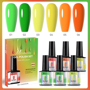 Detailed set of 6 neon gel nail polish bottles with matching color swatches and packaging