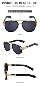 Three-view shots of punk double-bridge sunglasses with black gold frame and grey lenses