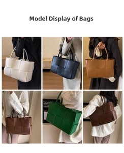 Detailed grid view showing six colors of woven leather tote bags in a minimalist interior