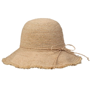 Handwoven raffia sun hat with fringed brim and delicate string bow for summer beach