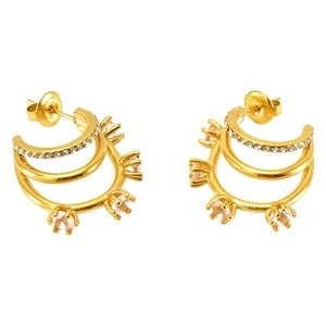 18K gold-plated C-shaped triple-layer earrings with pink gems and white cubic zirconia