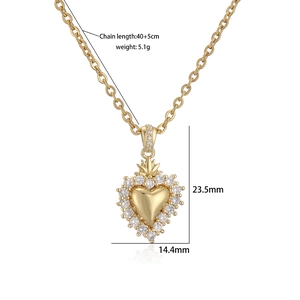Gold-plated heart pendant necklace with zircon crystals and precise product dimensions