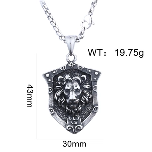 Macro detail of punk lion head shield pendant showing weight and size measurements