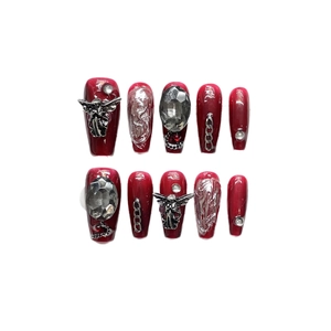 Dark lolita blood red press-on nails with 3D angel relief, silver chains and grey gems