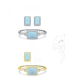 Macro view of S925 silver ring and earrings set with rectangular blue opal stones