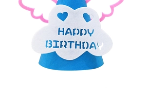 Blue felt birthday party hat with pink angel wings and white cloud cutout design for kids adults