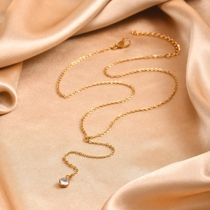 Detail of 18K gold-plated stainless steel Y-necklace with sparkling zircon pendant