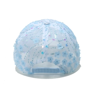 Detail of light blue mesh baseball cap with 3D floral appliqués and shiny sequins decor