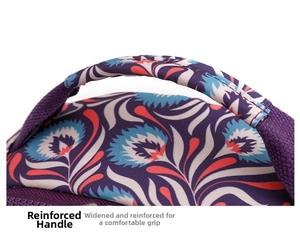 Detail of reinforced wide fabric handles on purple floral pattern oxford backpack