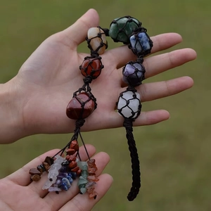 Handcrafted seven chakra natural crystal stone car hanging ornament with tree of life design
