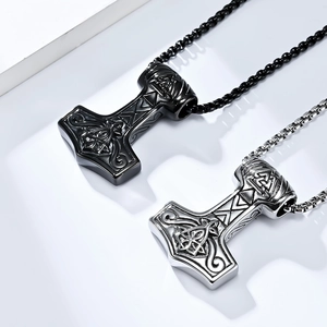 Nordic Viking Mjolnir pendant necklaces in black and silver stainless steel with bead chains