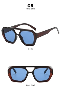 Detailed front and side view of geometric double-bridge sunglasses with blue lenses