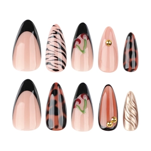 Almond fake nails featuring 3D cherries, zebra patterns, and French black tips