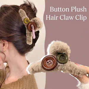 Plush button hair claw clip in khaki for women, soft faux fur winter accessory for hair