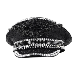 Sparkly rhinestone captain hat for women with black sequins and crystal cluster decor