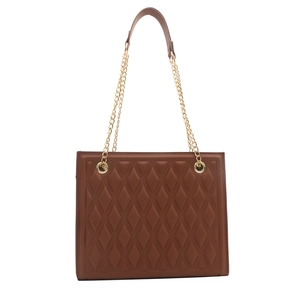Brown quilted tote bag with diamond pattern and gold chain strap on white background