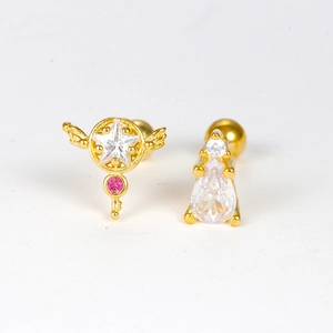 Gold star wing and water drop crystal cartilage earrings with secure screw ball backings