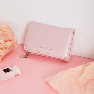 Short pink PU leather women's zip wallet with multi-card slots and classic star logo