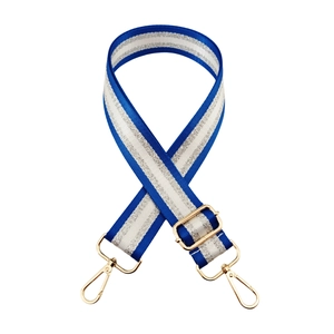 Adjustable wide woven shoulder strap with blue silver stripes and gold metal hardware