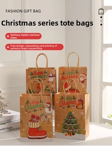 Detail of assorted Christmas kraft paper gift bags with Santa and festive patterns