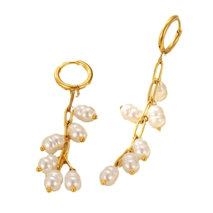 Elegant gold plated cluster earrings with white baroque pearls in a grape tassel design