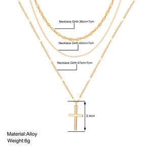 Detailed size chart for the gold-tone layered necklace with cross pendant and alloy material