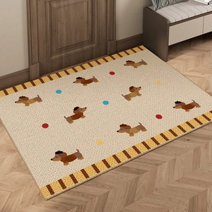 Cartoon dachshund velvet floor mat with colorful polka dots on a wooden floor