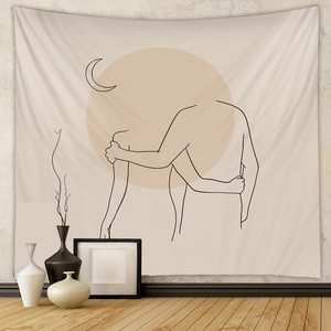 Detail of minimalist boho tapestry with abstract couple hug and crescent moon wall art
