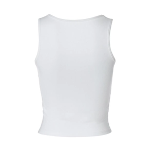 Close-up of the ribbed texture and clean back design of the white knitted crop top tank