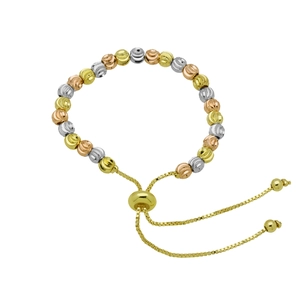 Three-tone faceted metal beads bracelet with adjustable sliding closure in gold rose white