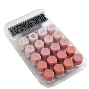 Detail view of pink gradient round buttons on a transparent digital calculator with bear icon