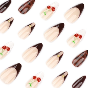 3D cherry press-on nails with tortoiseshell pattern and almond French tip design
