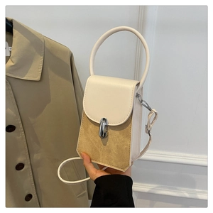 Chic beige and khaki square crossbody bag with round handle and silver metallic lock detail