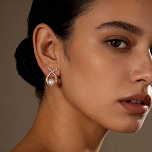 Elegant 12-piece pearl and rhinestone earring set on model with gold finish